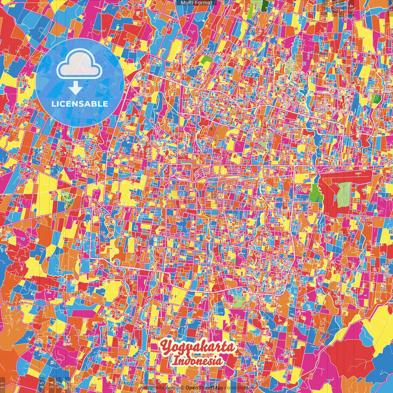 Yogyakarta, Indonesia Crazy Colorful Street Map Poster Template