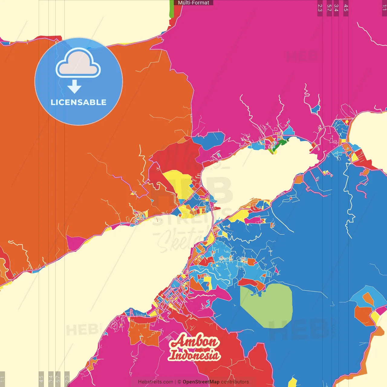 Ambon, Maluku, Indonesia Crazy Colorful Street Map Poster Template