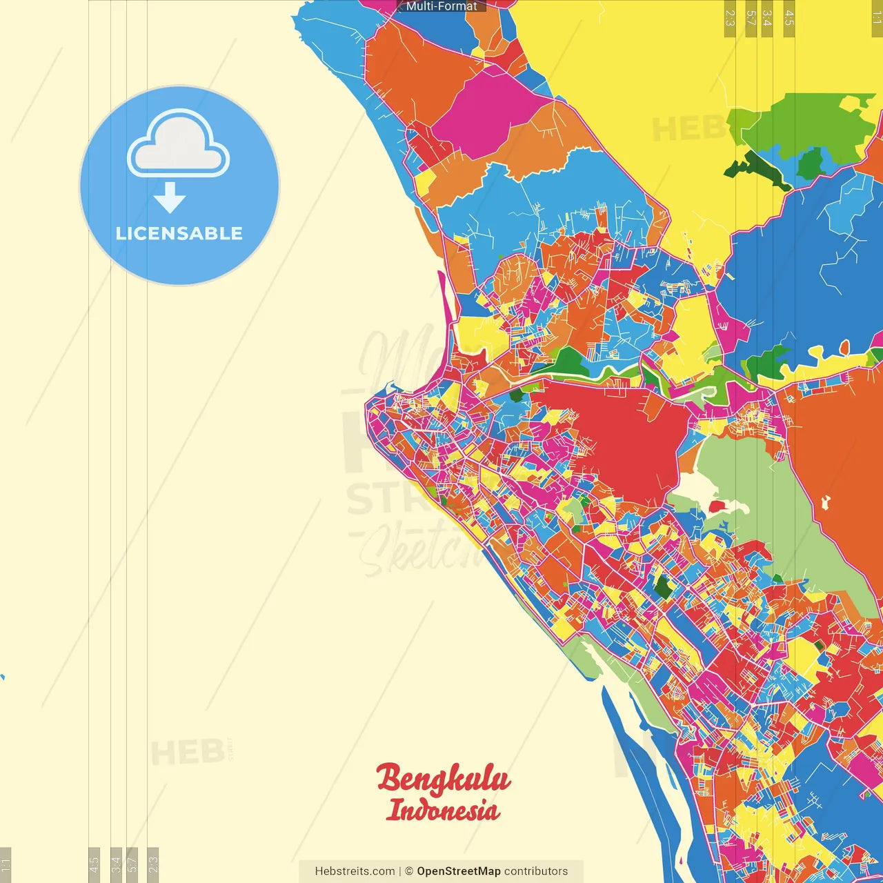 Bengkulu, Bengkulu, Indonesia Crazy Colorful Street Map Poster Template
