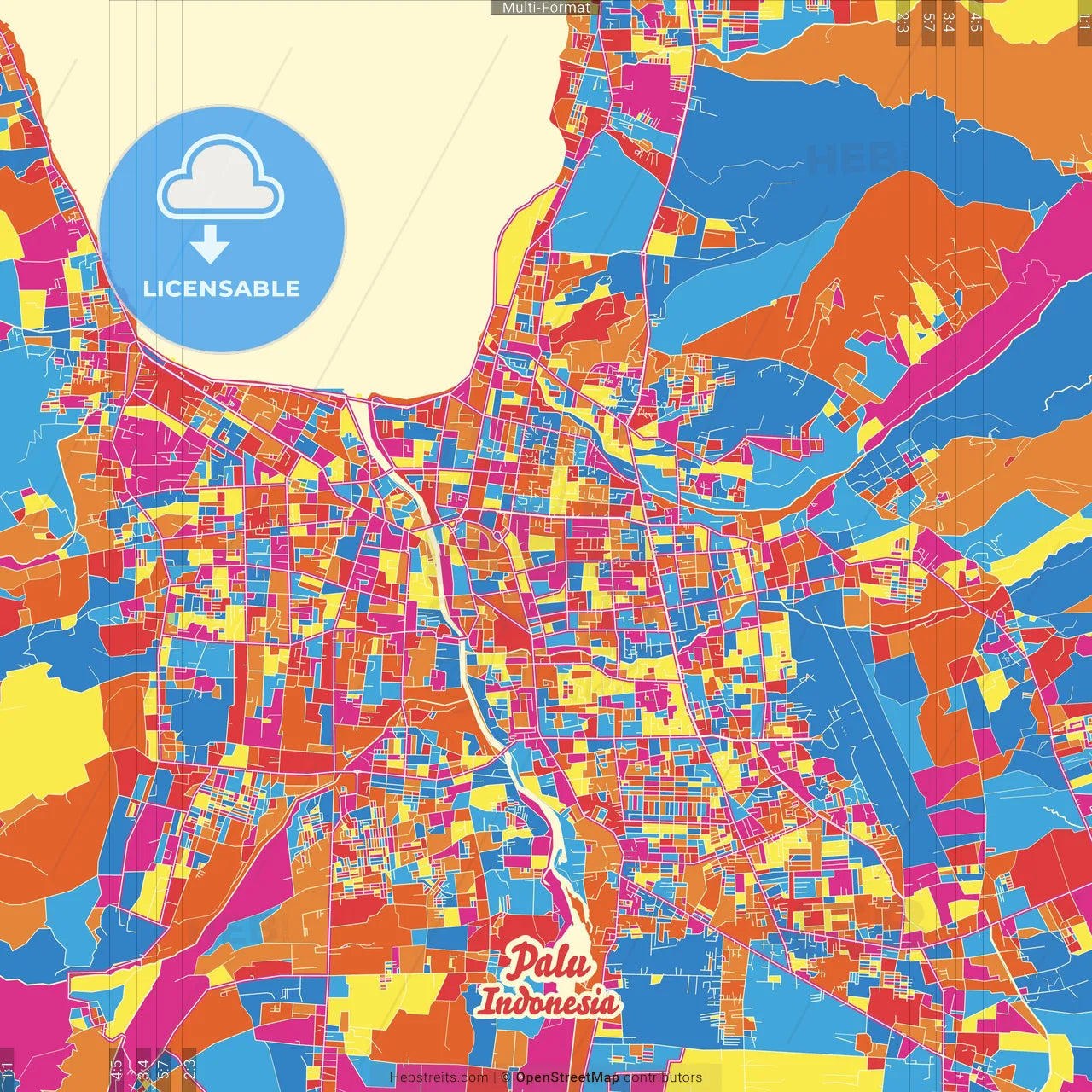 Palu, Central Sulawesi, Indonesia Crazy Colorful Street Map Poster Template