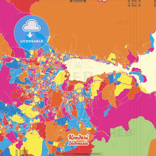 Kendari, Southeast Sulawesi, Indonesia Crazy Colorful Street Map Poster Template