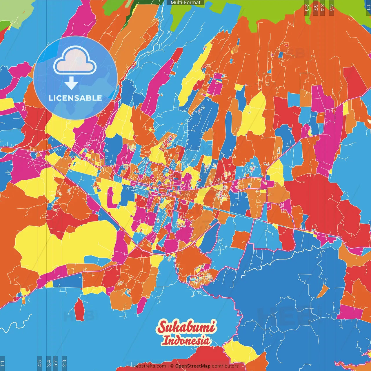 Sukabumi, West Java, Indonesia Crazy Colorful Street Map Poster Template
