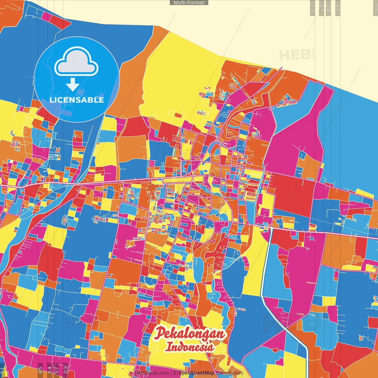 Pekalongan, Central Java, Indonesia Crazy Colorful Street Map Poster Template