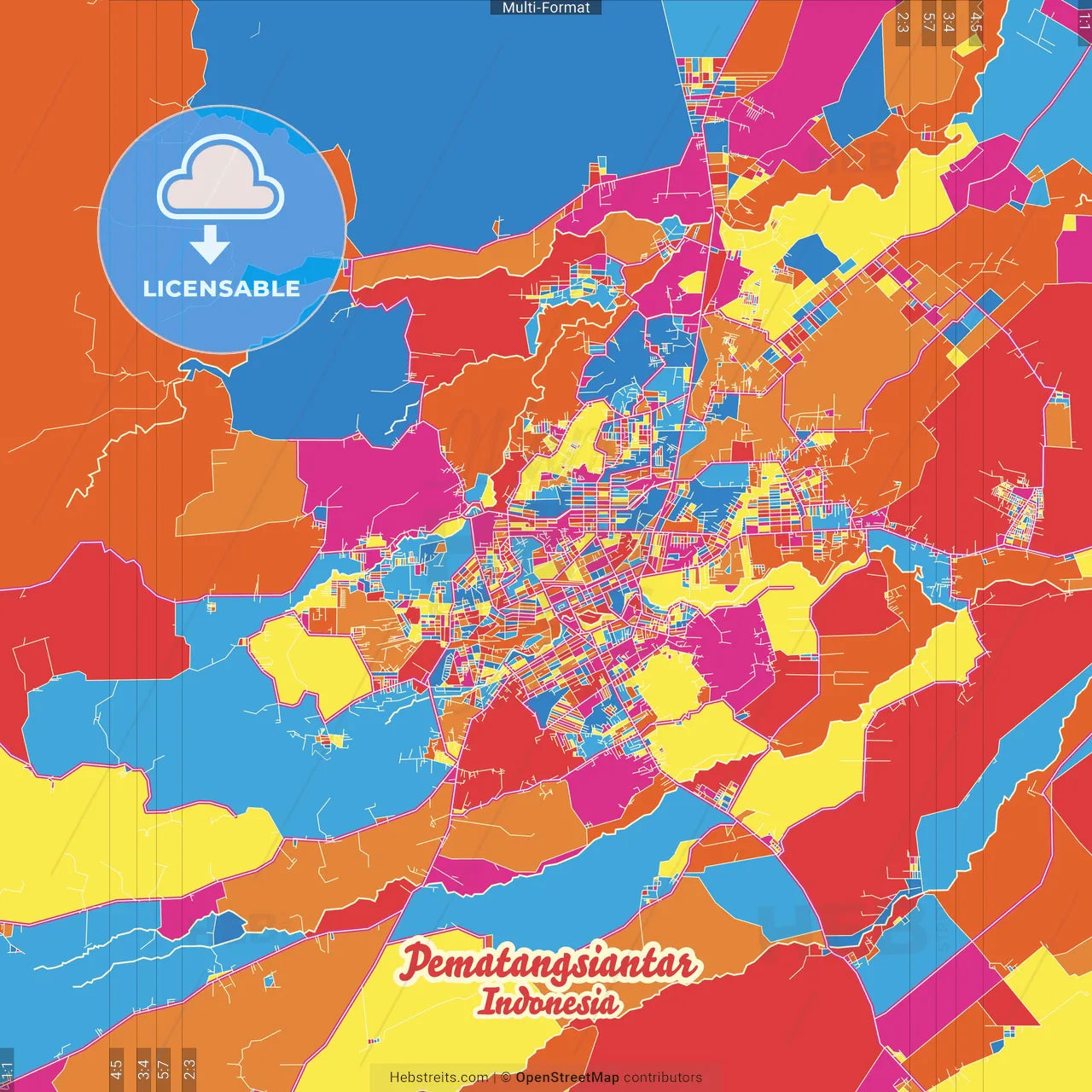 Pematangsiantar, North Sumatra, Indonesia Crazy Colorful Street Map Poster Template