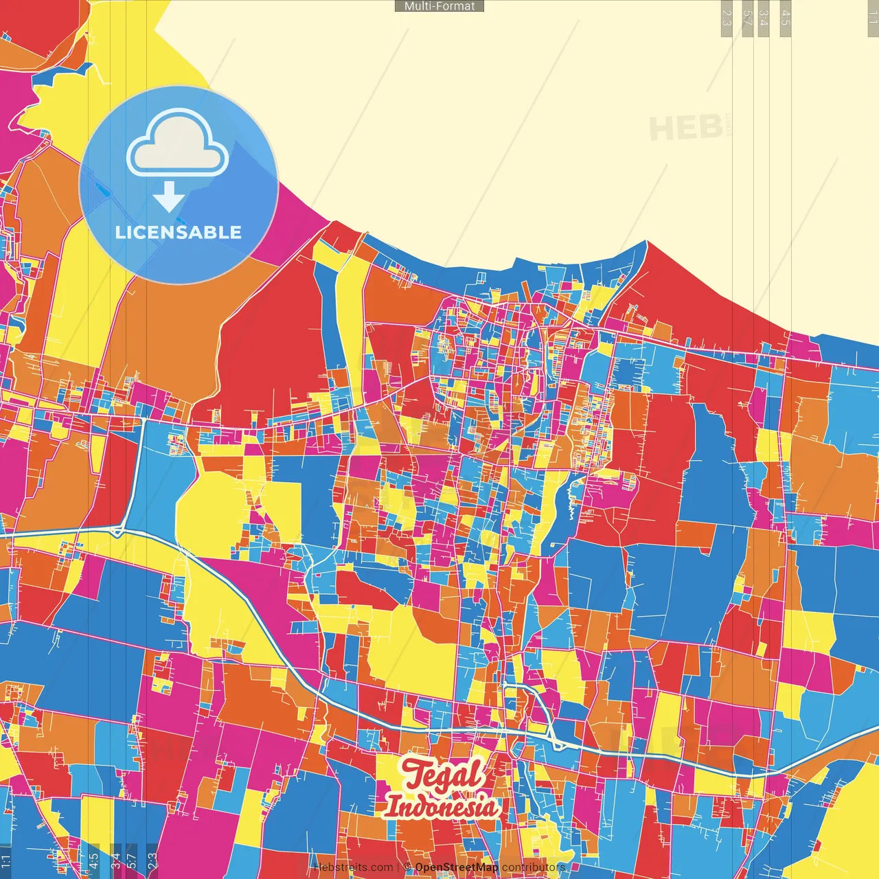 Tegal, Central Java, Indonesia Crazy Colorful Street Map Poster Template