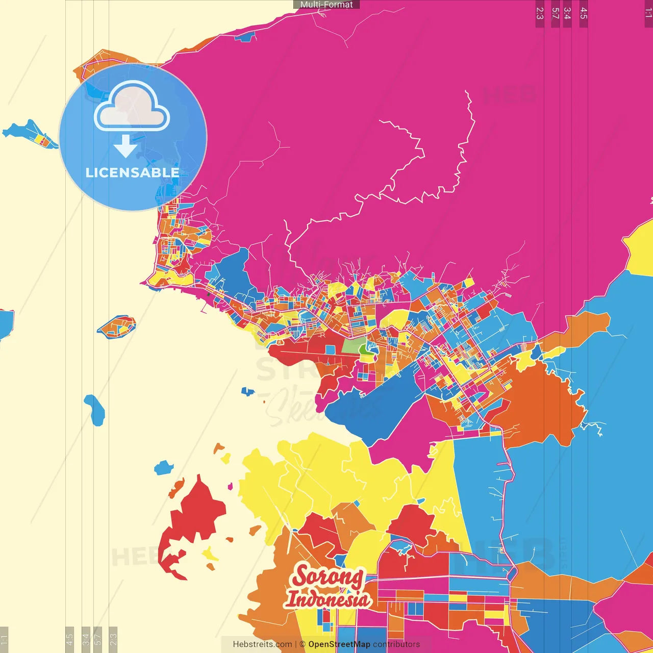 Sorong, Papua Barat, Indonesia Crazy Colorful Street Map Poster Template