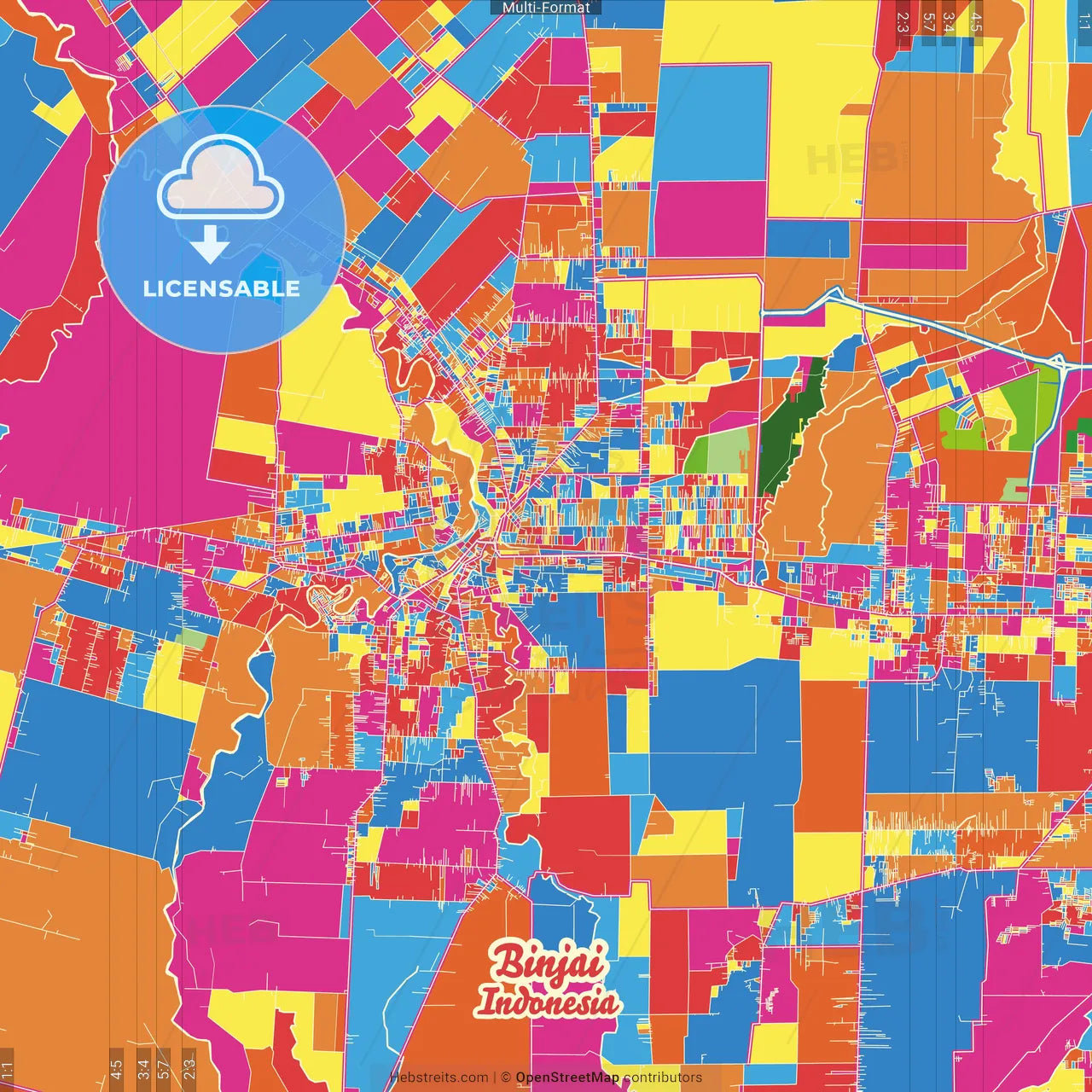 Binjai, North Sumatra, Indonesia Crazy Colorful Street Map Poster Template