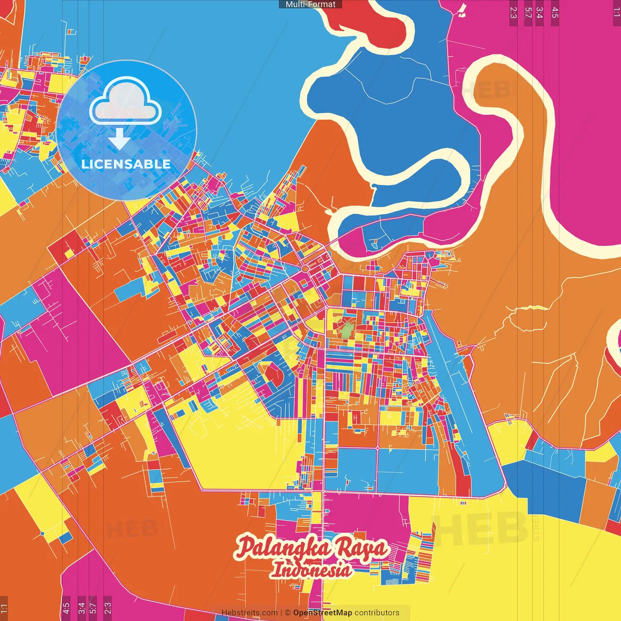 Palangka Raya, Central Kalimantan, Indonesia Crazy Colorful Street Map Poster Template