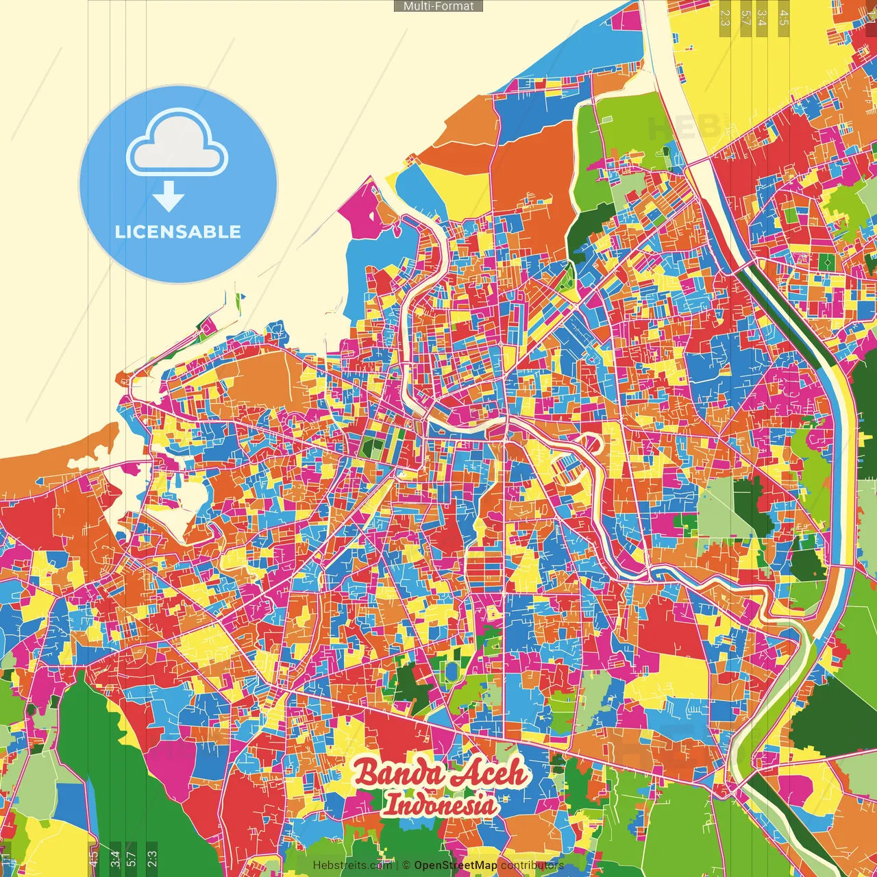 Banda Aceh, Aceh, Indonesia Crazy Colorful Street Map Poster Template
