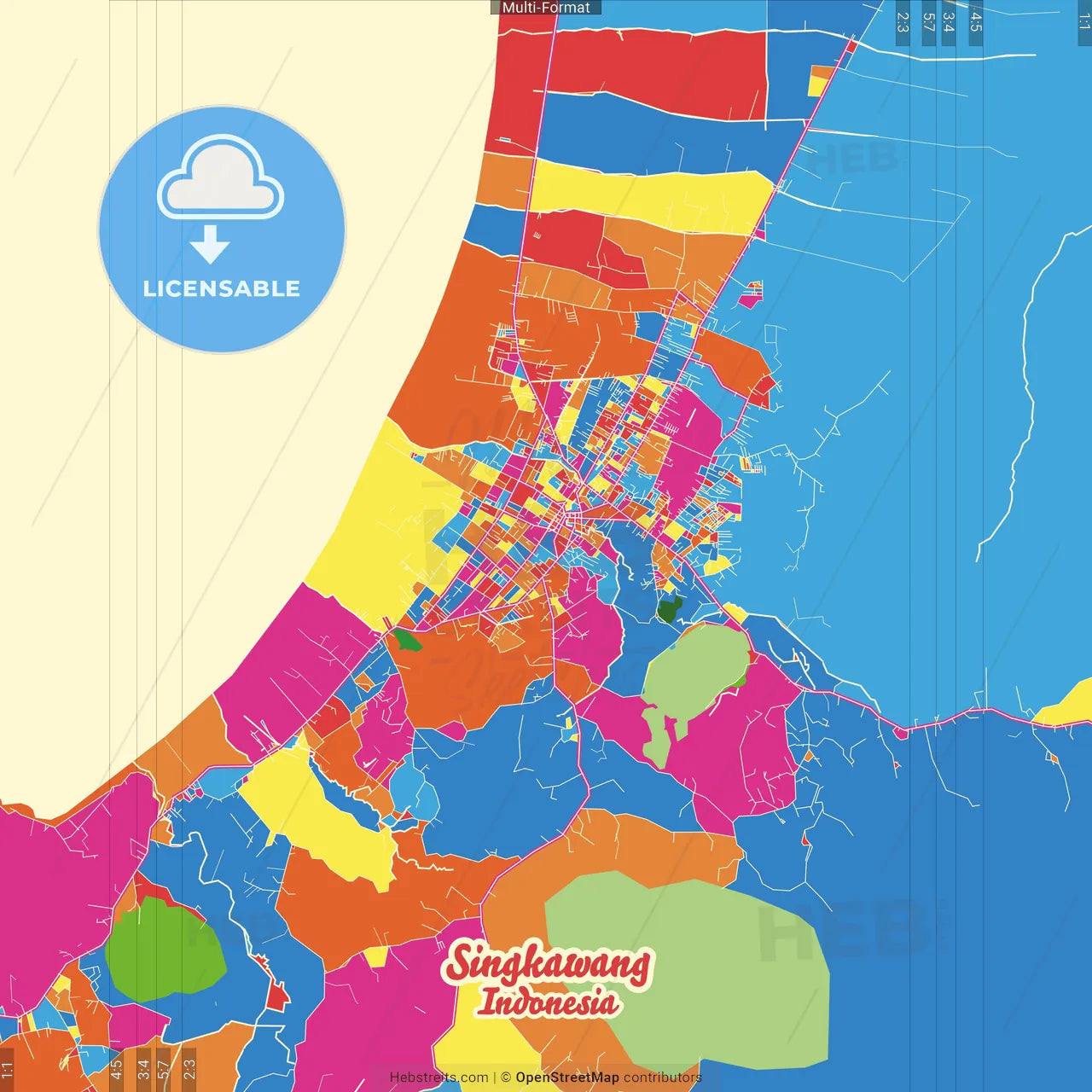 Singkawang, West Kalimantan, Indonesia Crazy Colorful Street Map Poster Template