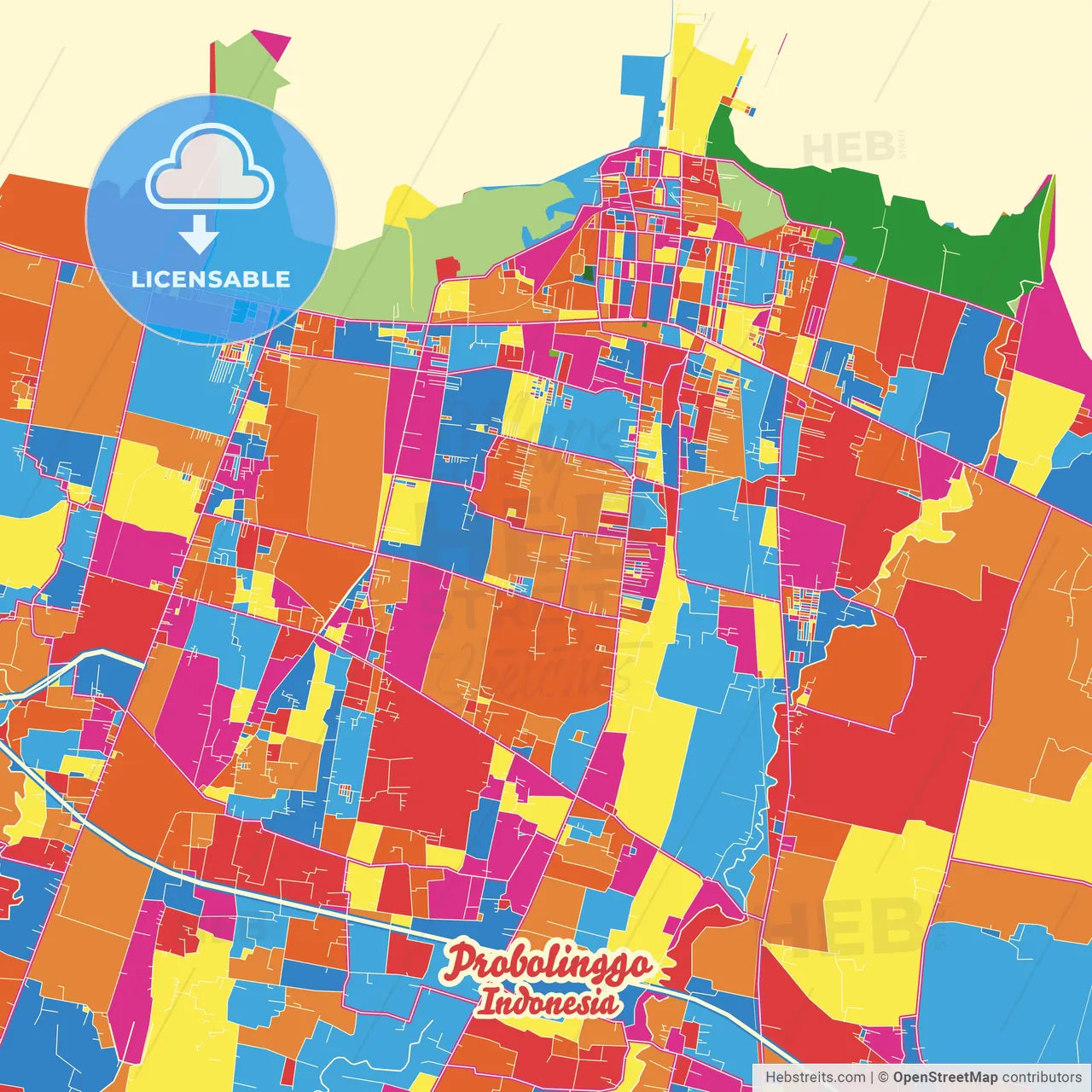 Probolinggo, East Java, Indonesia Crazy Colorful Street Map Poster Template