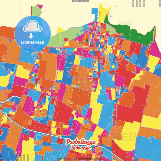 Probolinggo, East Java, Indonesia Crazy Colorful Street Map Poster Template