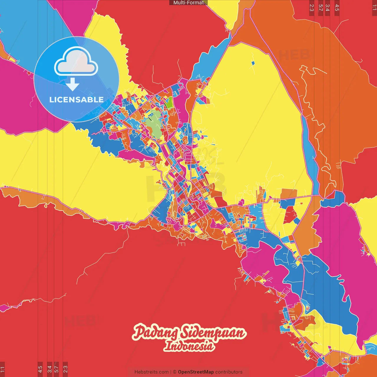 Padang Sidempuan, North Sumatra, Indonesia Crazy Colorful Street Map Poster Template