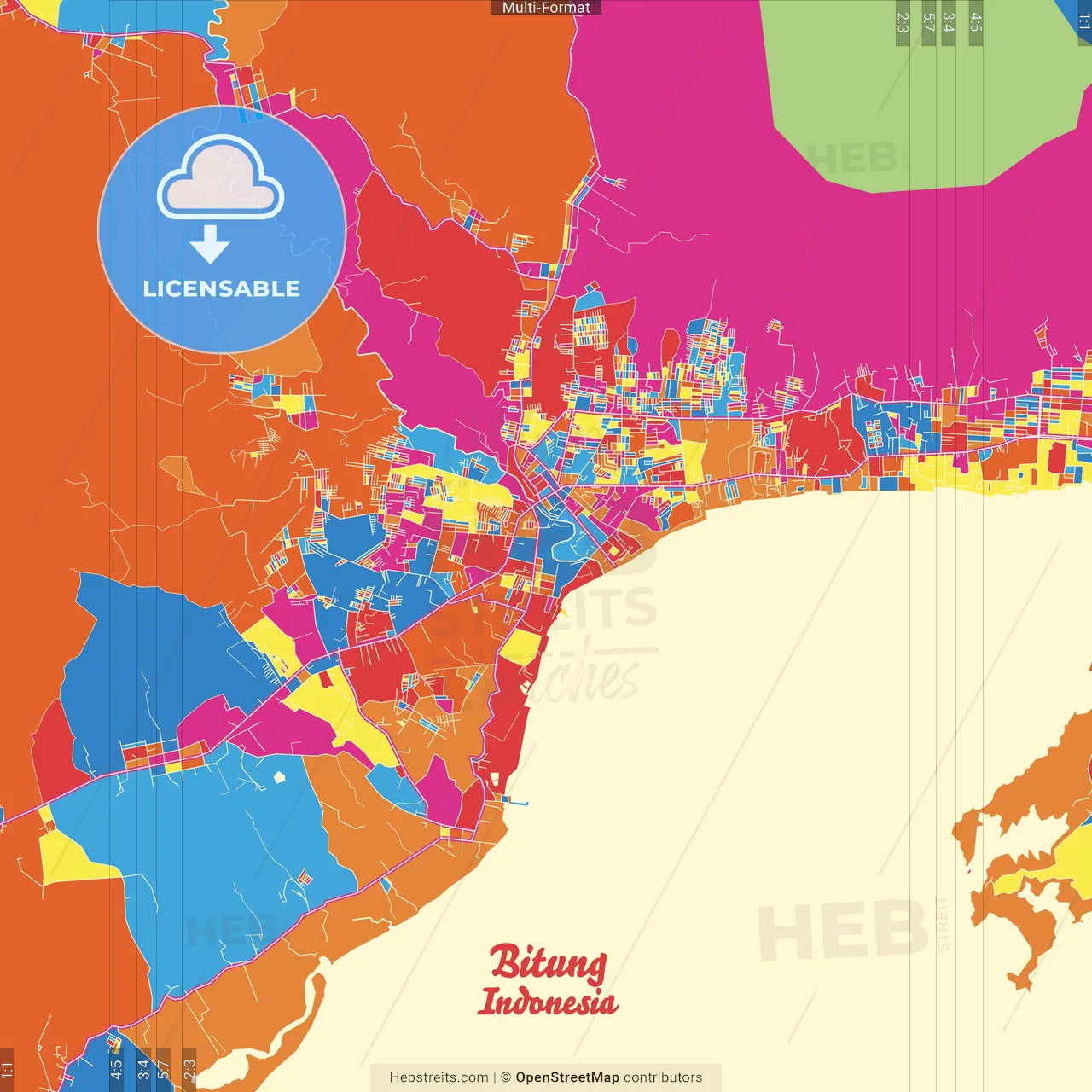 Bitung, North Sulawesi, Indonesia Crazy Colorful Street Map Poster Template