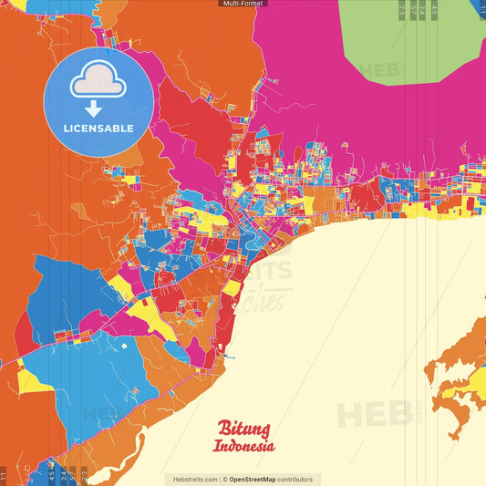 Bitung, North Sulawesi, Indonesia Crazy Colorful Street Map Poster Template