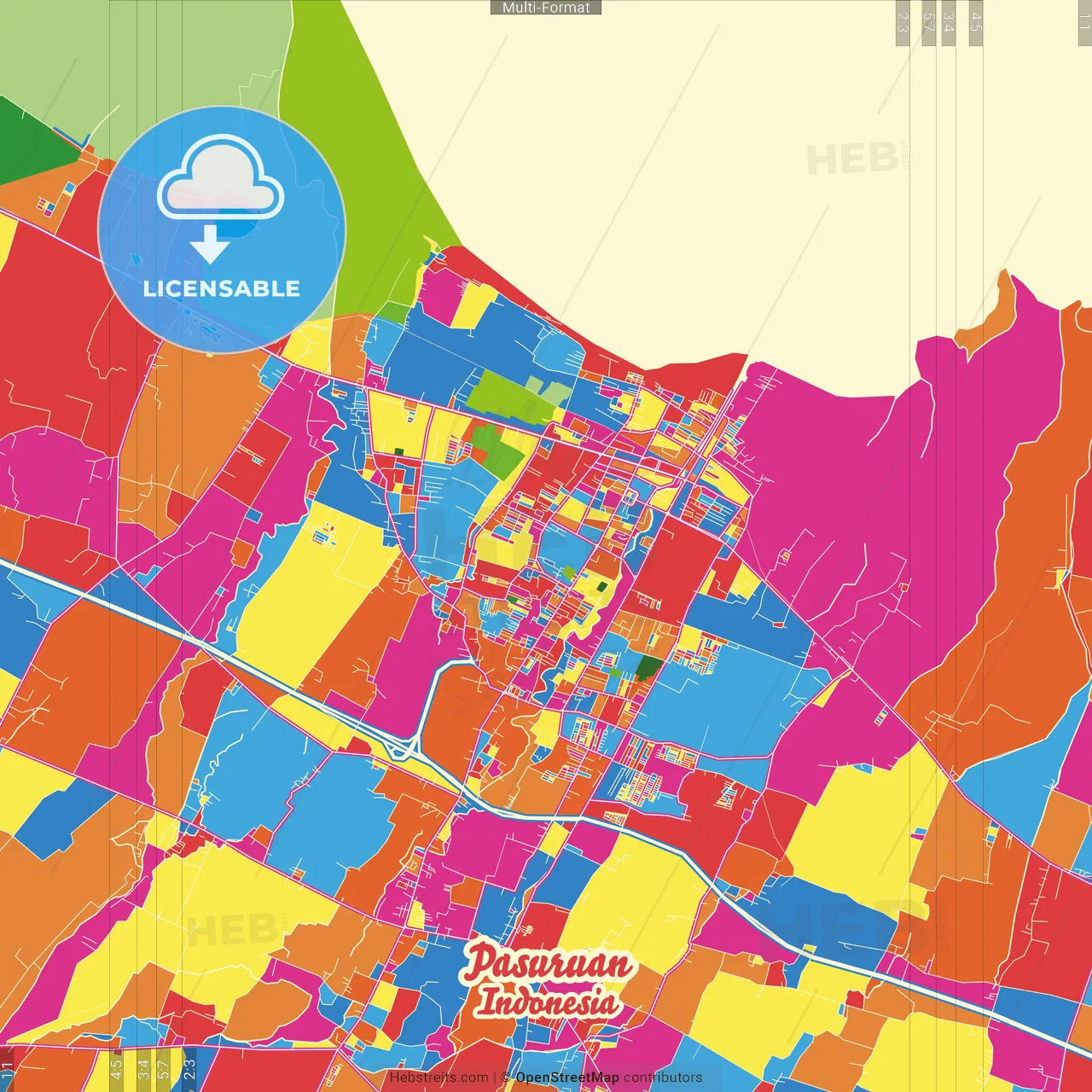 Pasuruan, East Java, Indonesia Crazy Colorful Street Map Poster Template