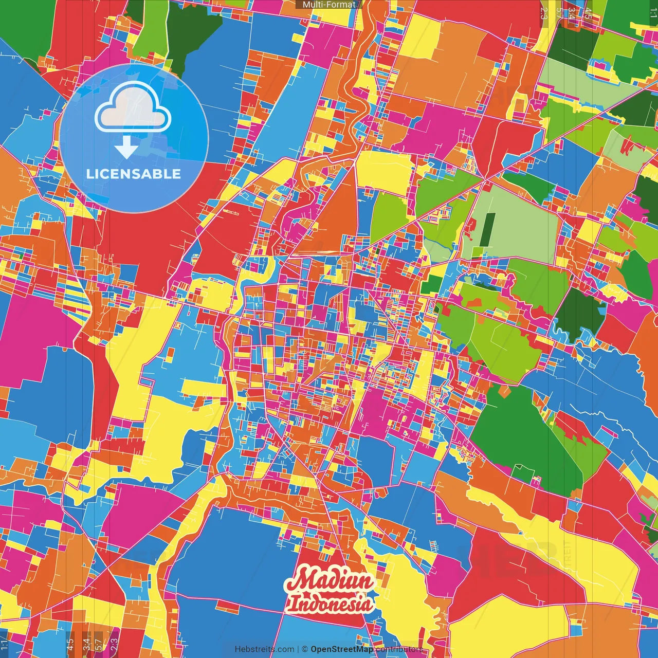 Madiun, East Java, Indonesia Crazy Colorful Street Map Poster Template
