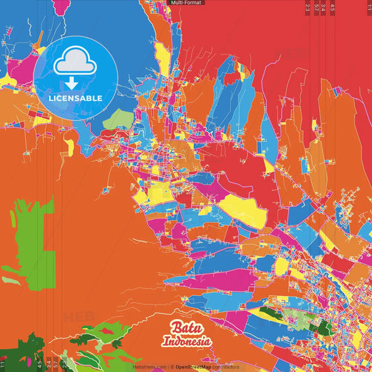 Batu, East Java, Indonesia Crazy Colorful Street Map Poster Template