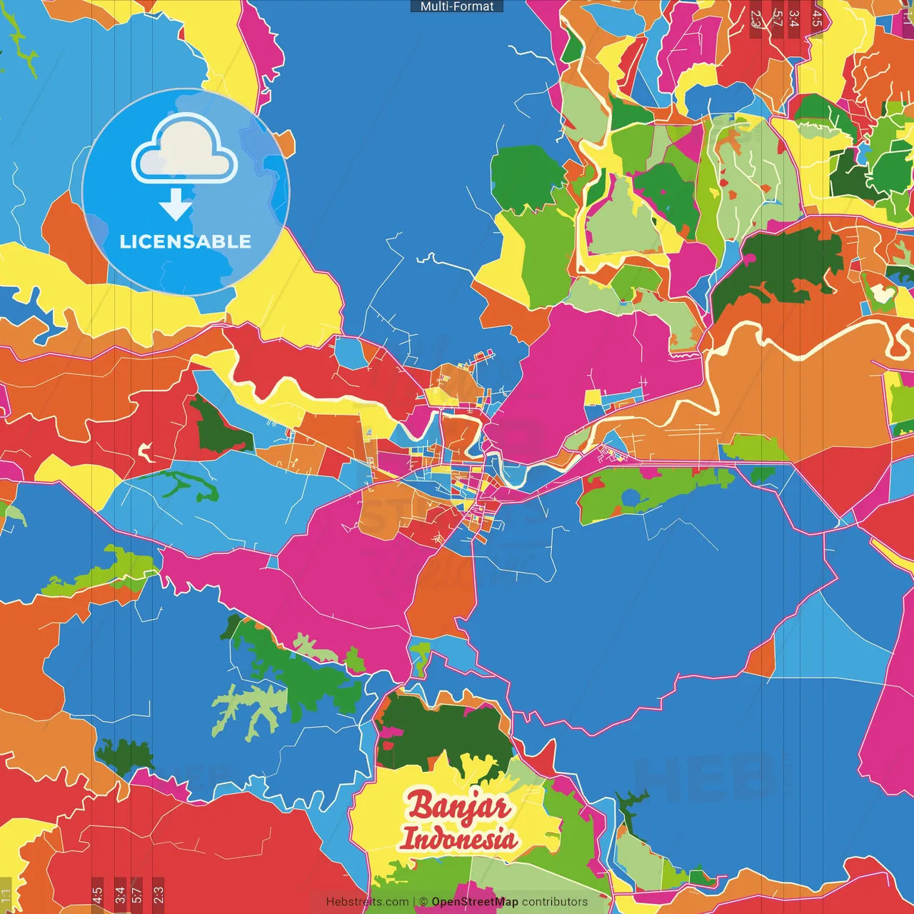 Banjar, West Java, Indonesia Crazy Colorful Street Map Poster Template