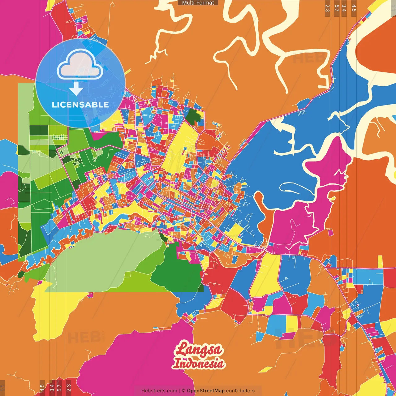 Langsa, Aceh, Indonesia Crazy Colorful Street Map Poster Template