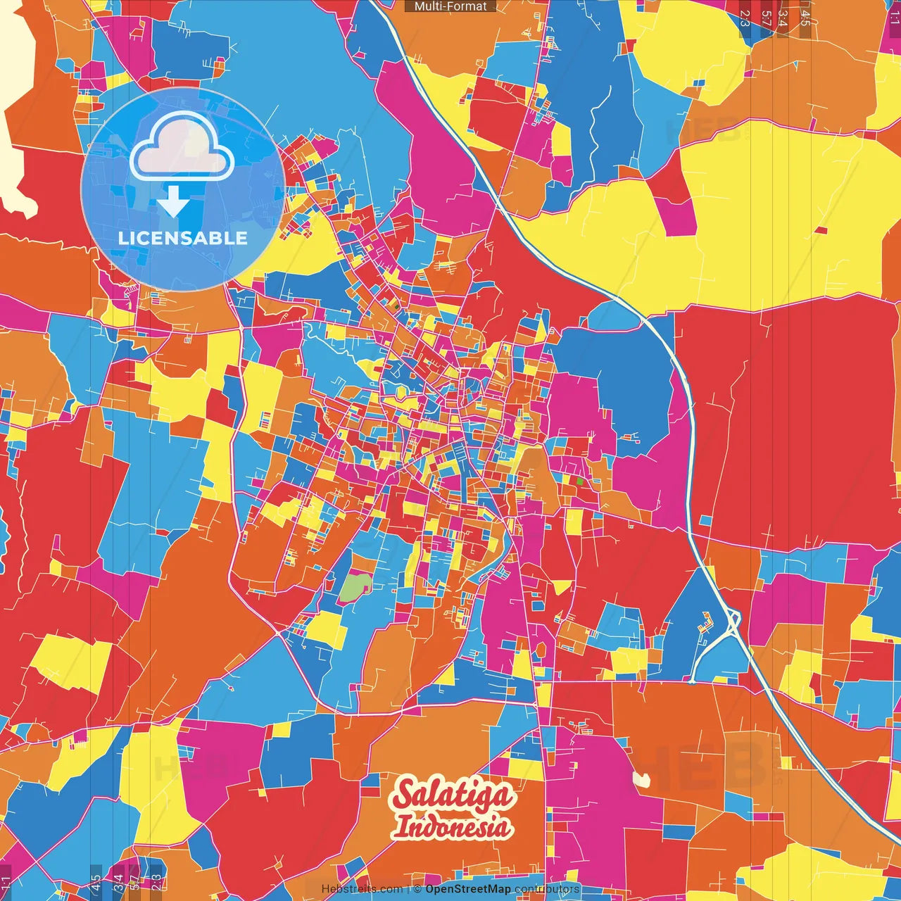 Salatiga, Central Java, Indonesia Crazy Colorful Street Map Poster Template