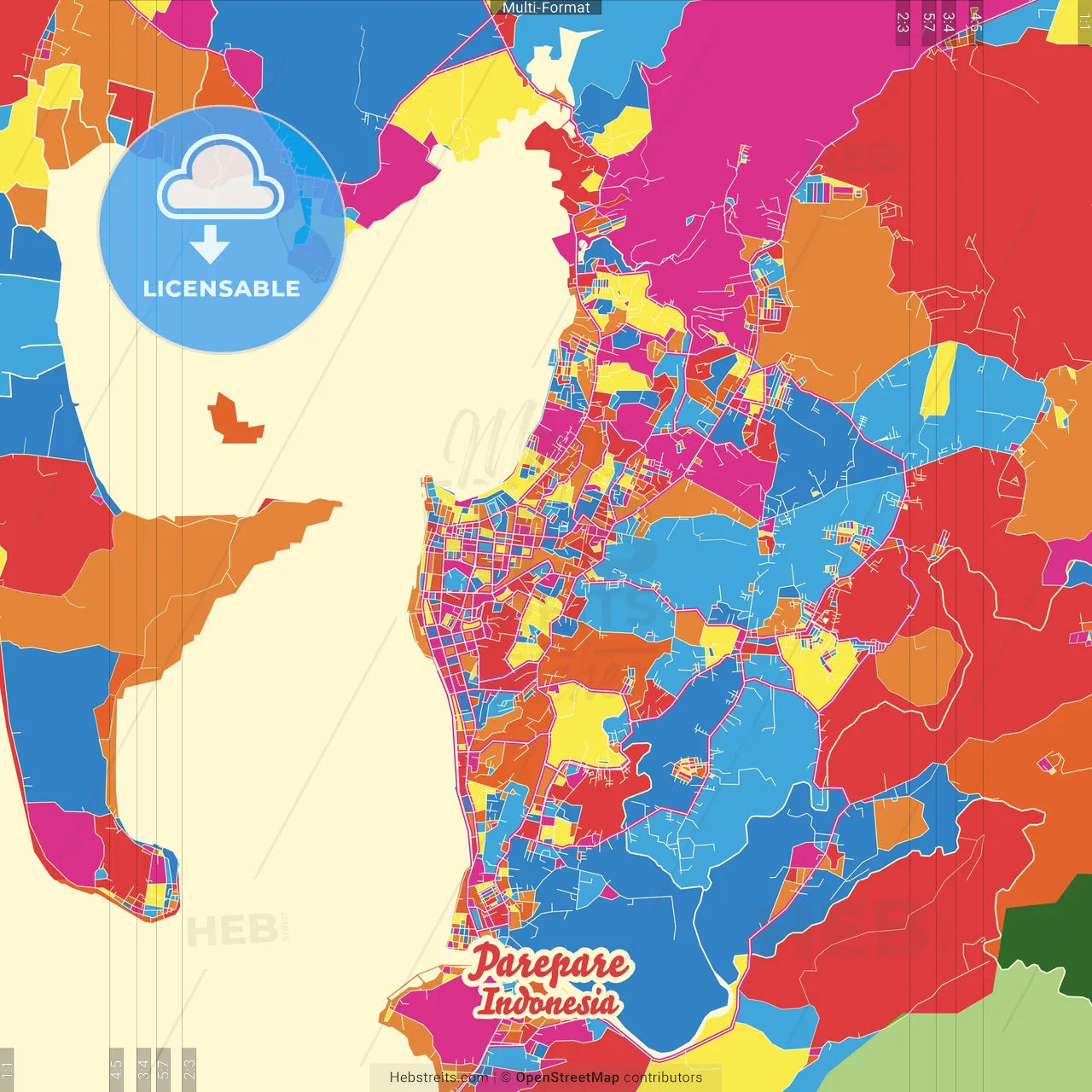 Parepare, South Sulawesi, Indonesia Crazy Colorful Street Map Poster Template