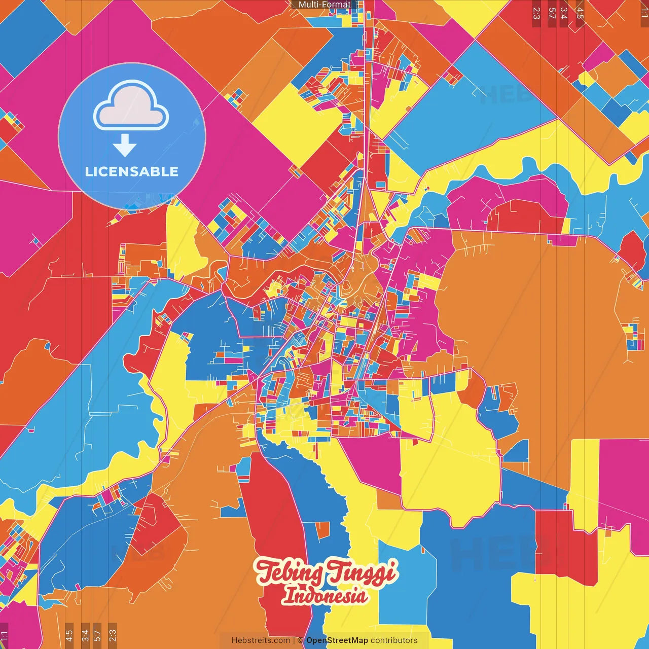 Tebing Tinggi, North Sumatra, Indonesia Crazy Colorful Street Map Poster Template
