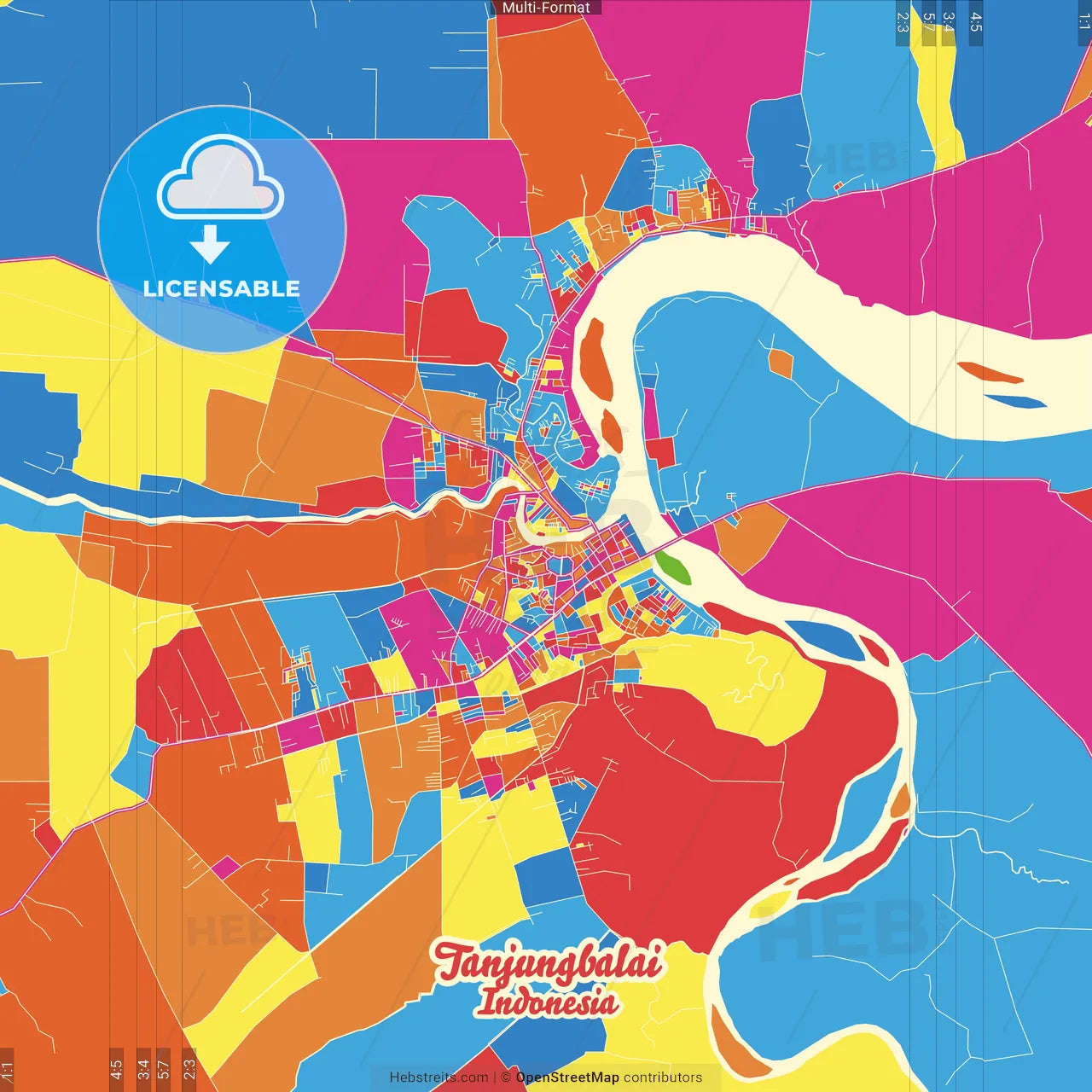 Tanjungbalai, North Sumatra, Indonesia Crazy Colorful Street Map Poster Template