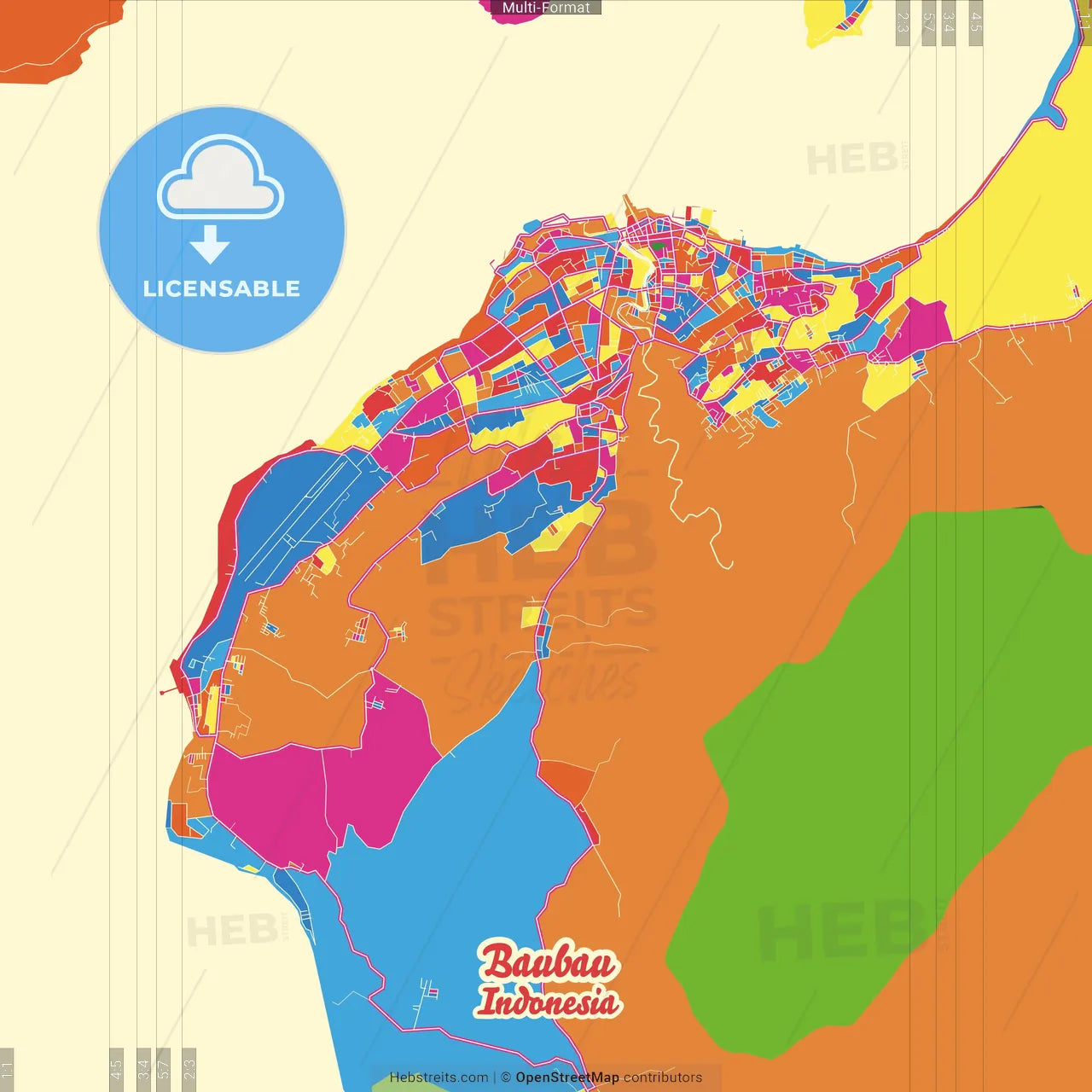 Baubau, Southeast Sulawesi, Indonesia Crazy Colorful Street Map Poster Template