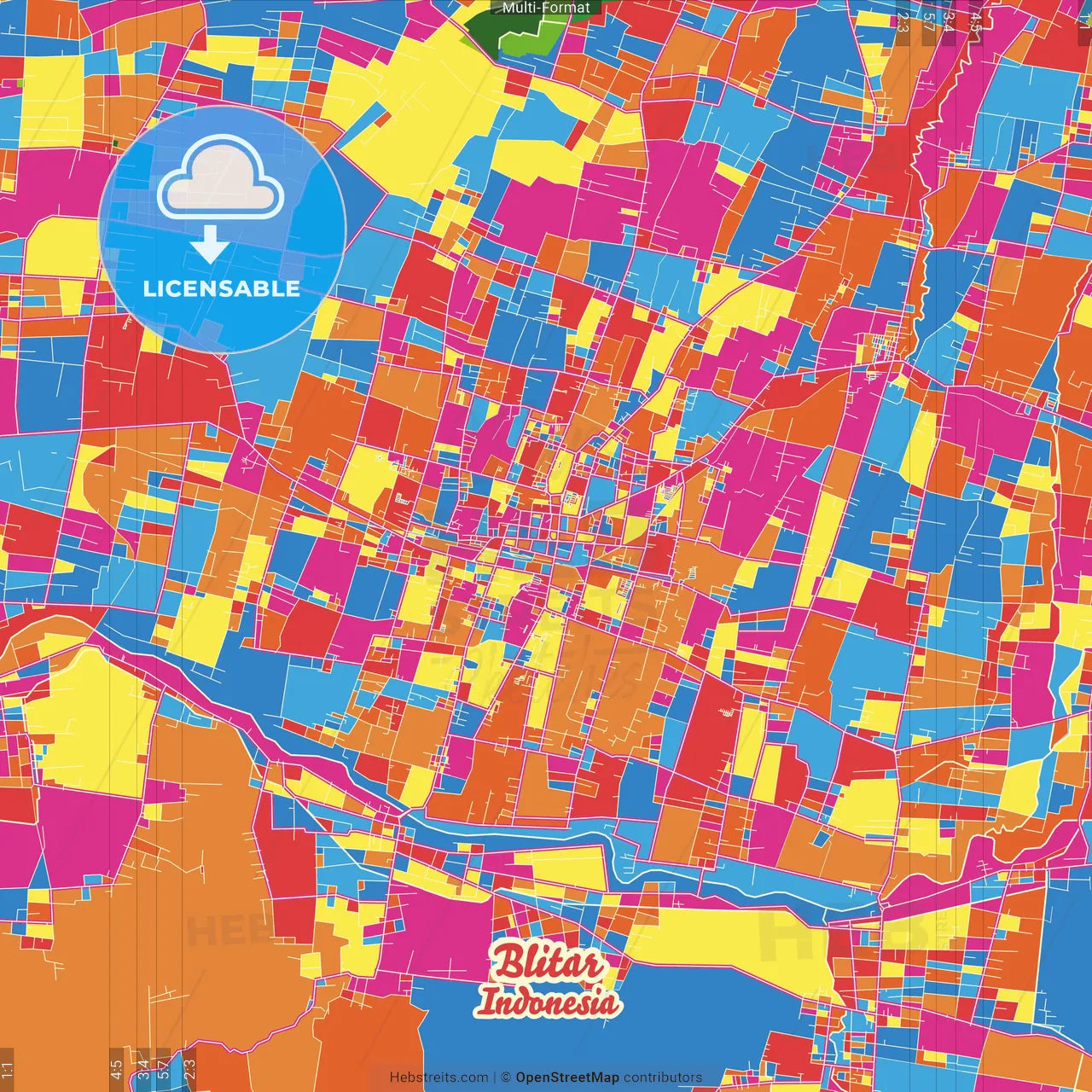 Blitar, East Java, Indonesia Crazy Colorful Street Map Poster Template