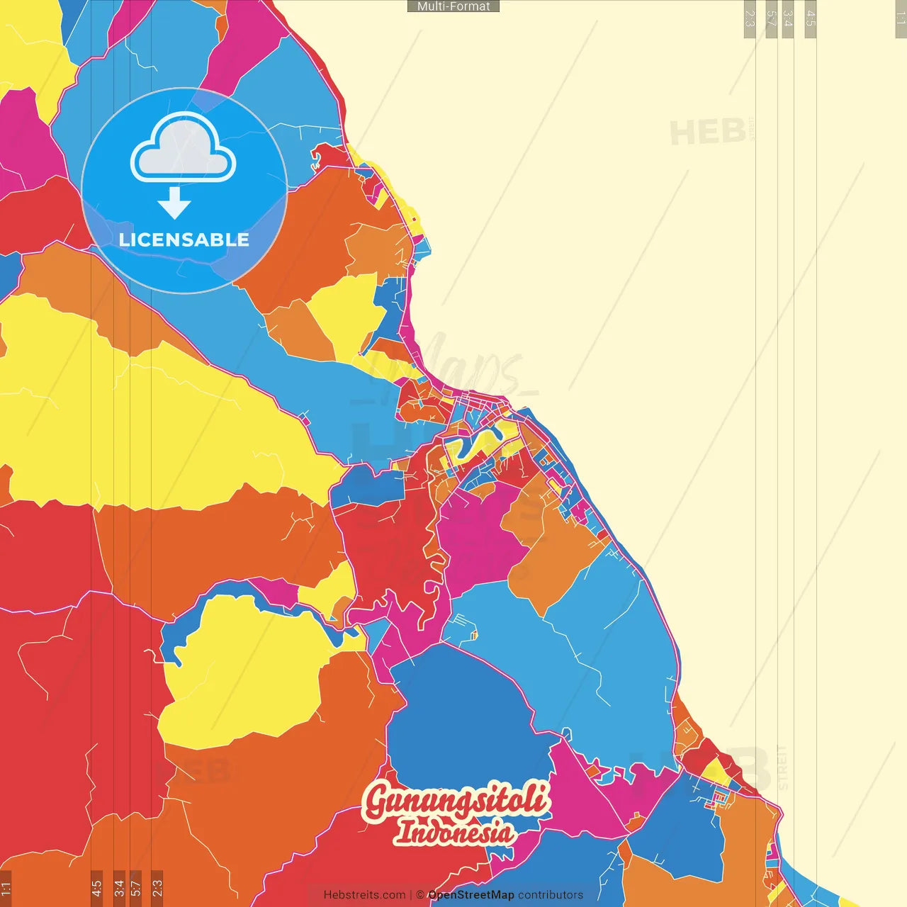 Gunungsitoli, North Sumatra, Indonesia Crazy Colorful Street Map Poster Template