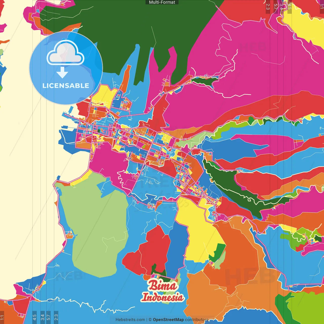 Bima, West Nusa Tenggara, Indonesia Crazy Colorful Street Map Poster Template