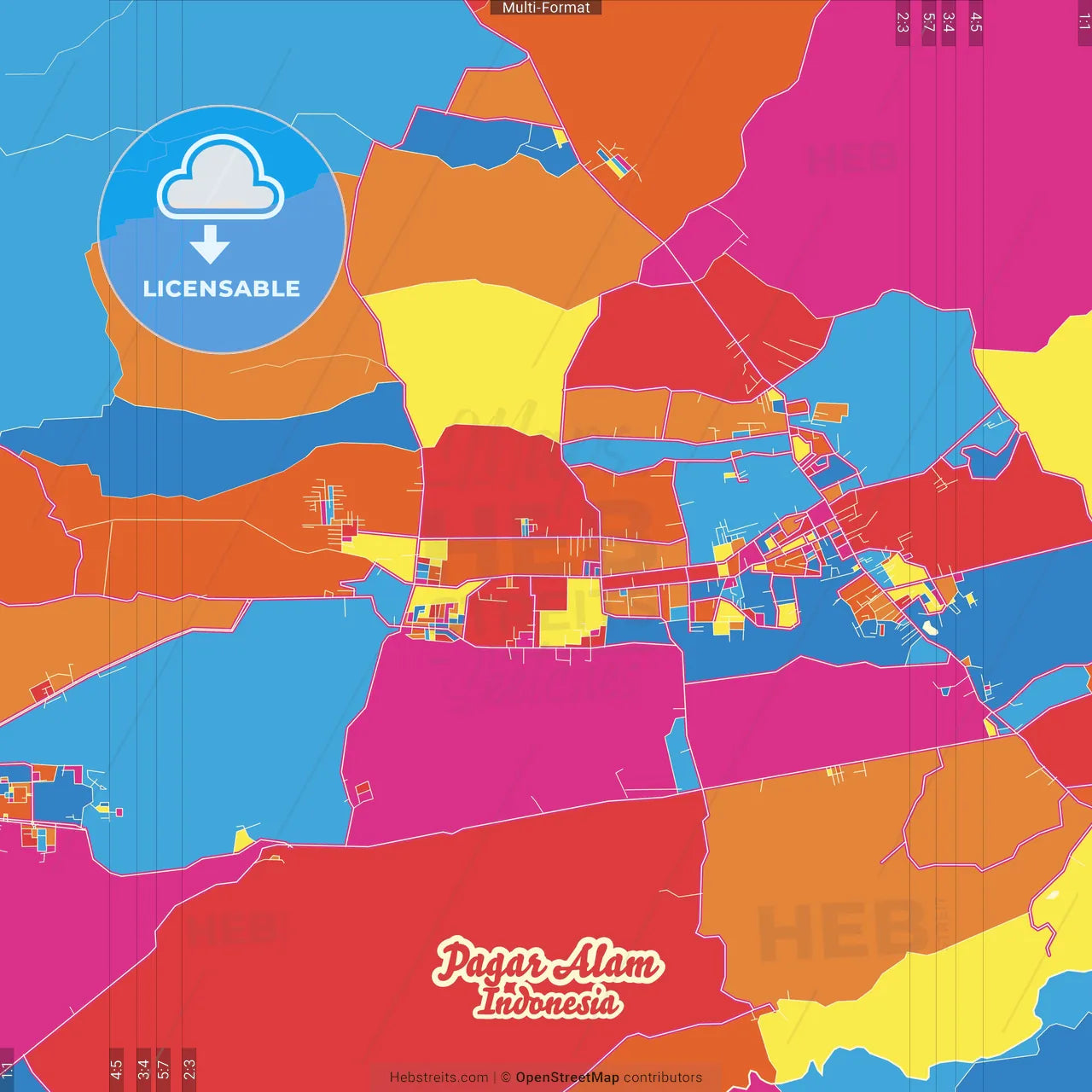 Pagar Alam, South Sumatra, Indonesia Crazy Colorful Street Map Poster Template