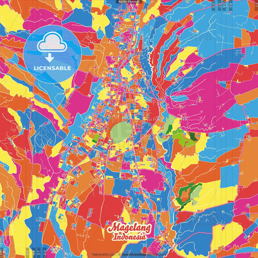 Magelang, Central Java, Indonesia Crazy Colorful Street Map Poster Template