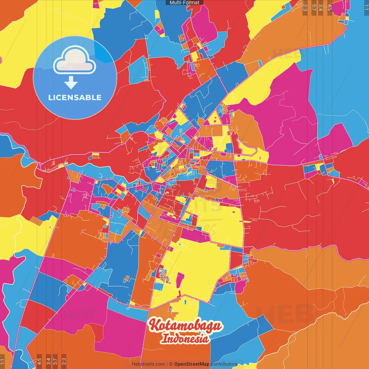 Kotamobagu, North Sulawesi, Indonesia Crazy Colorful Street Map Poster Template