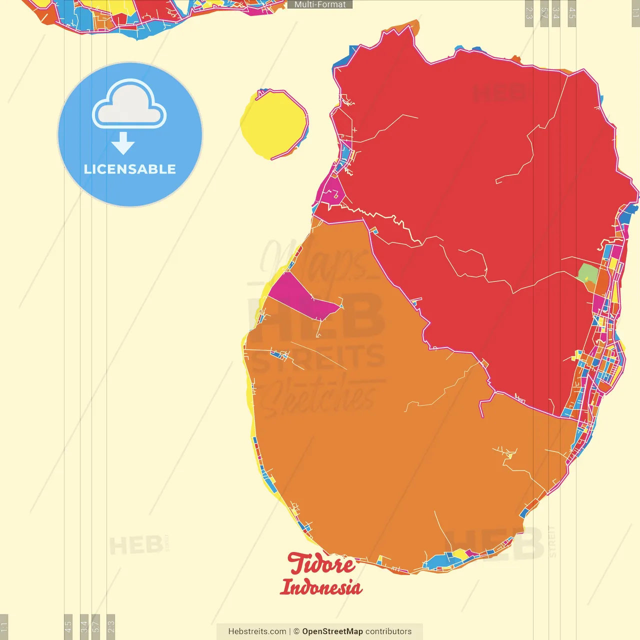 Tidore, North Maluku, Indonesia Crazy Colorful Street Map Poster Template