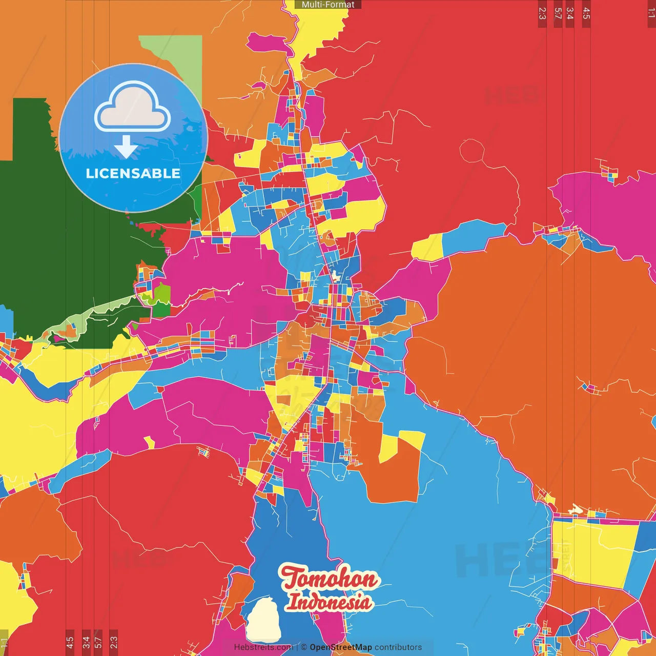 Tomohon, North Sulawesi, Indonesia Crazy Colorful Street Map Poster Template