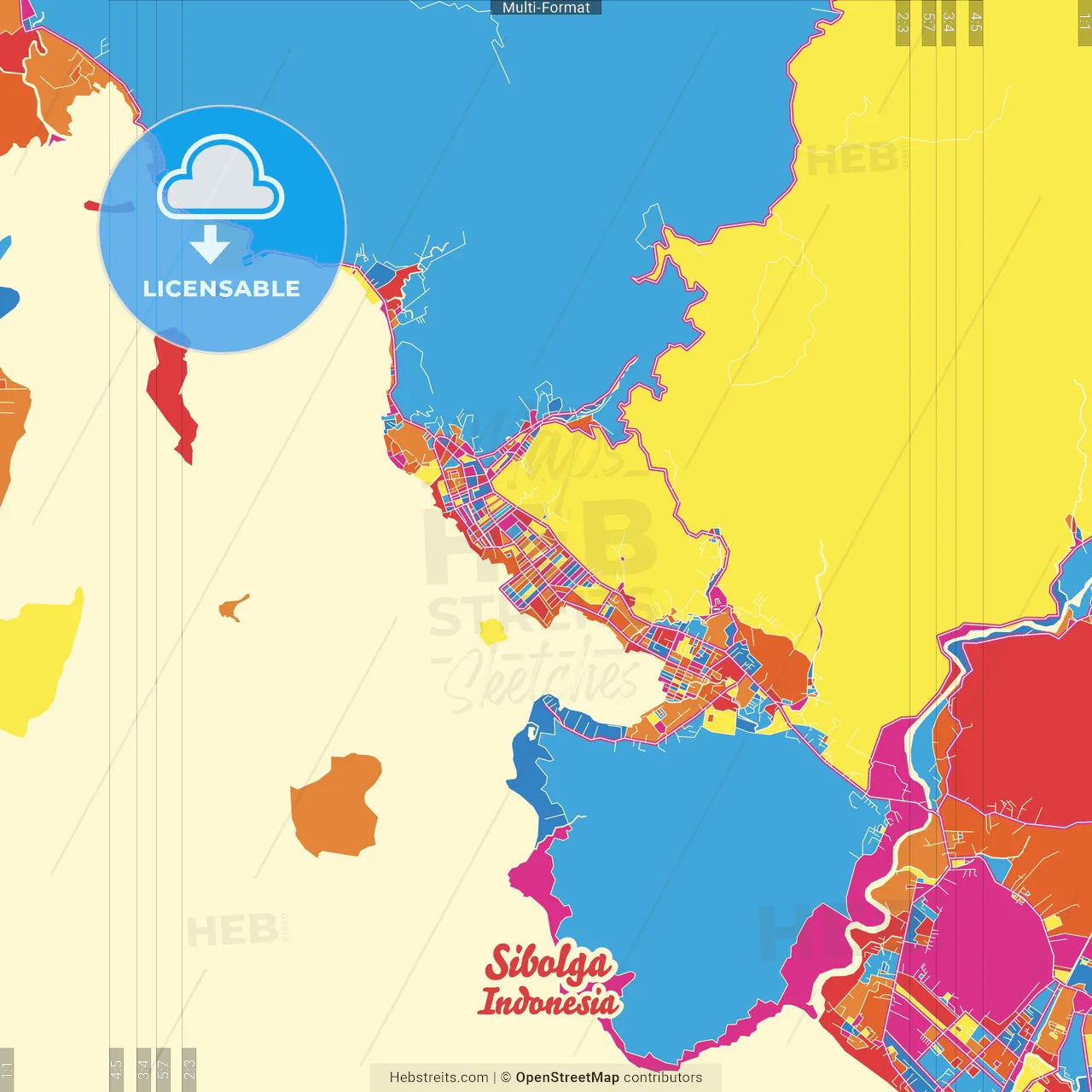 Sibolga, North Sumatra, Indonesia Crazy Colorful Street Map Poster Template