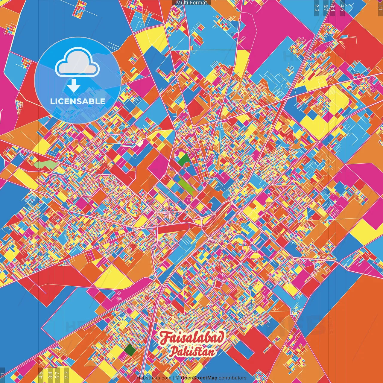 Faisalabad, Punjab, Pakistan Crazy Colorful Street Map Poster Template