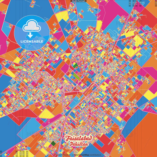 Faisalabad, Punjab, Pakistan Crazy Colorful Street Map Poster Template