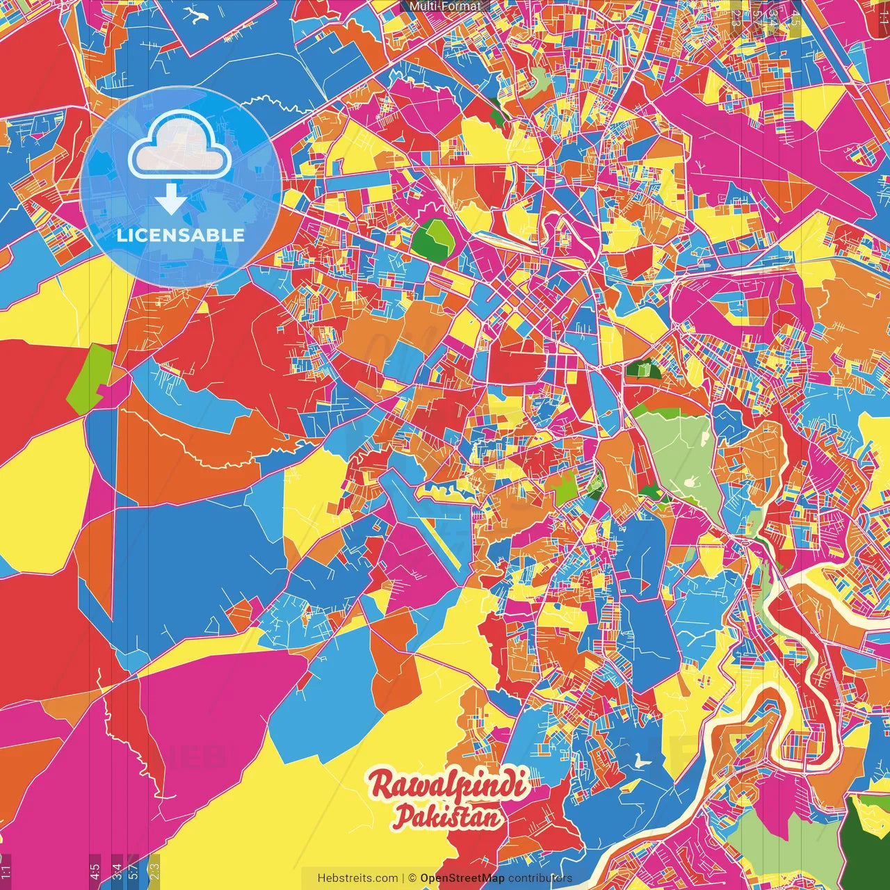 Rawalpindi, Punjab, Pakistan Crazy Colorful Street Map Poster Template