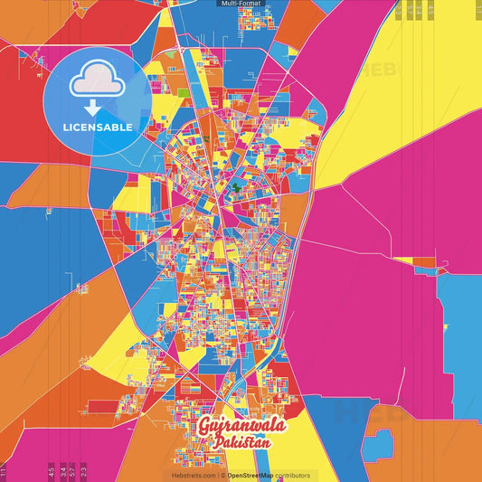 Gujranwala, Punjab, Pakistan Crazy Colorful Street Map Poster Template