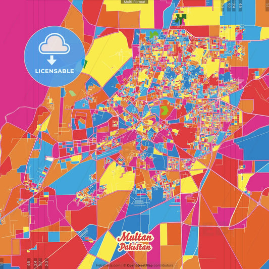 Multan, Punjab, Pakistan Crazy Colorful Street Map Poster Template