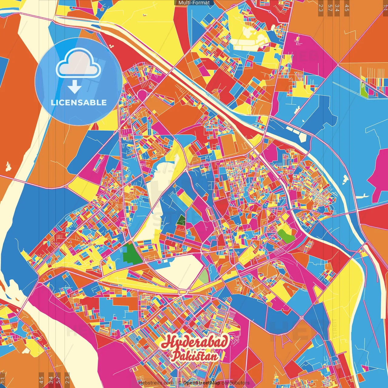 Hyderabad, Sindh, Pakistan Crazy Colorful Street Map Poster Template