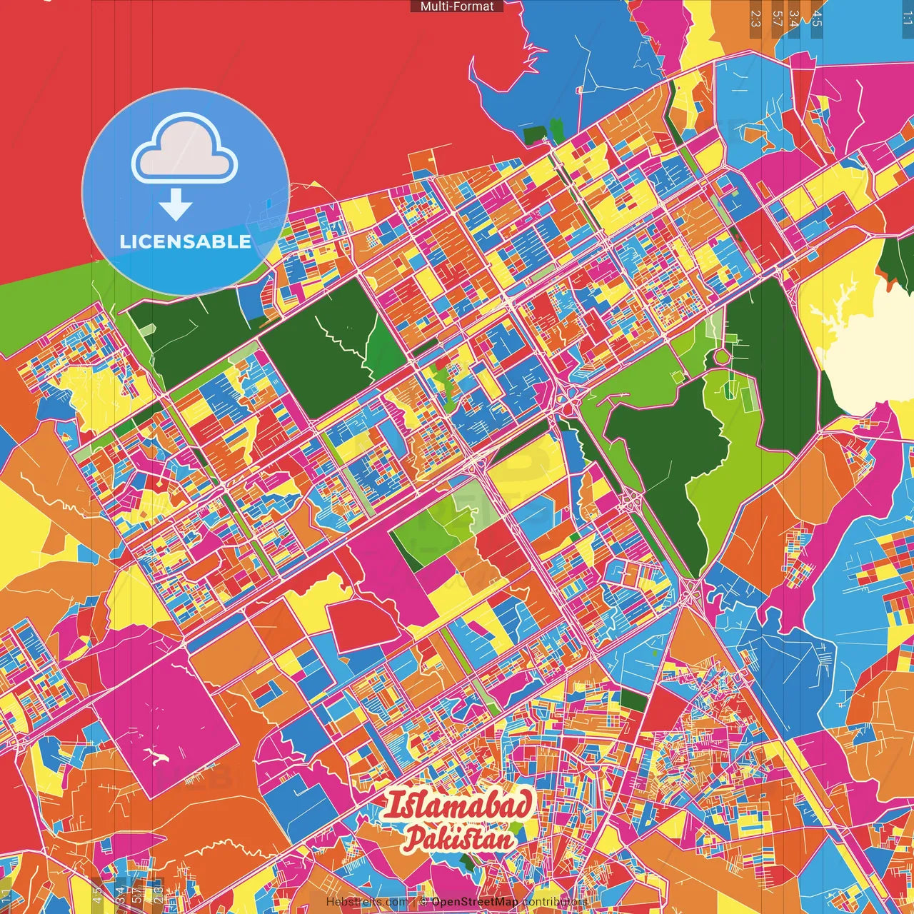Islamabad, Islamabad, Pakistan Crazy Colorful Street Map Poster Template