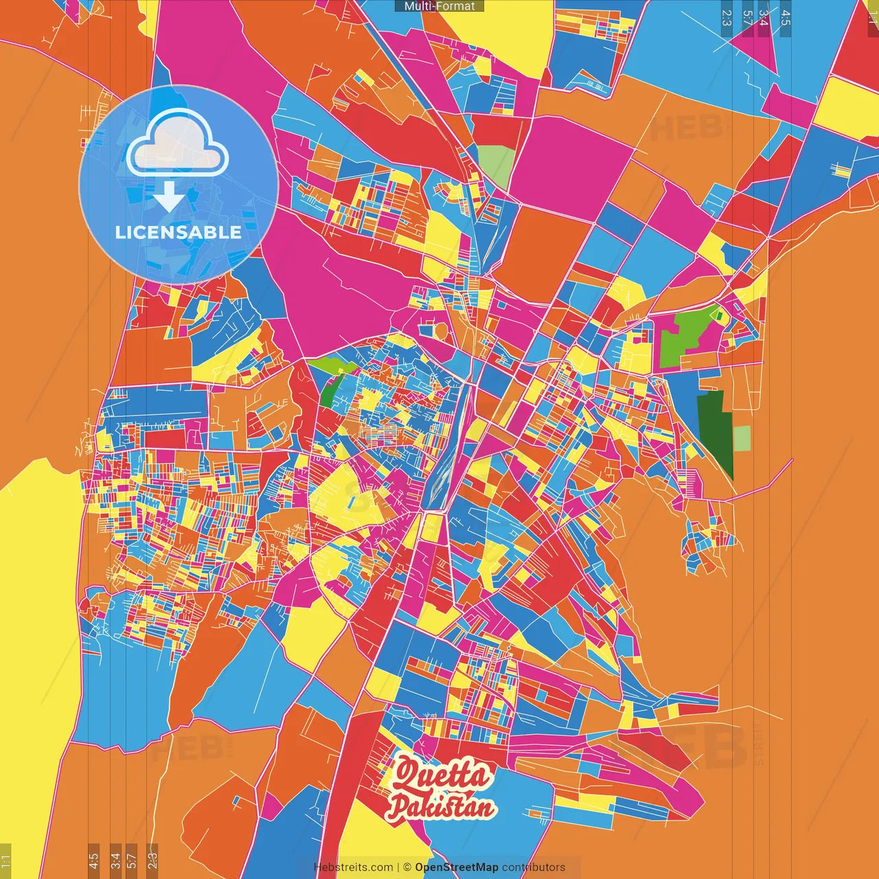 Quetta, Balochistan, Pakistan Crazy Colorful Street Map Poster Template ...