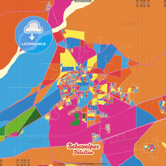 Bahawalpur, Punjab, Pakistan Crazy Colorful Street Map Poster Template