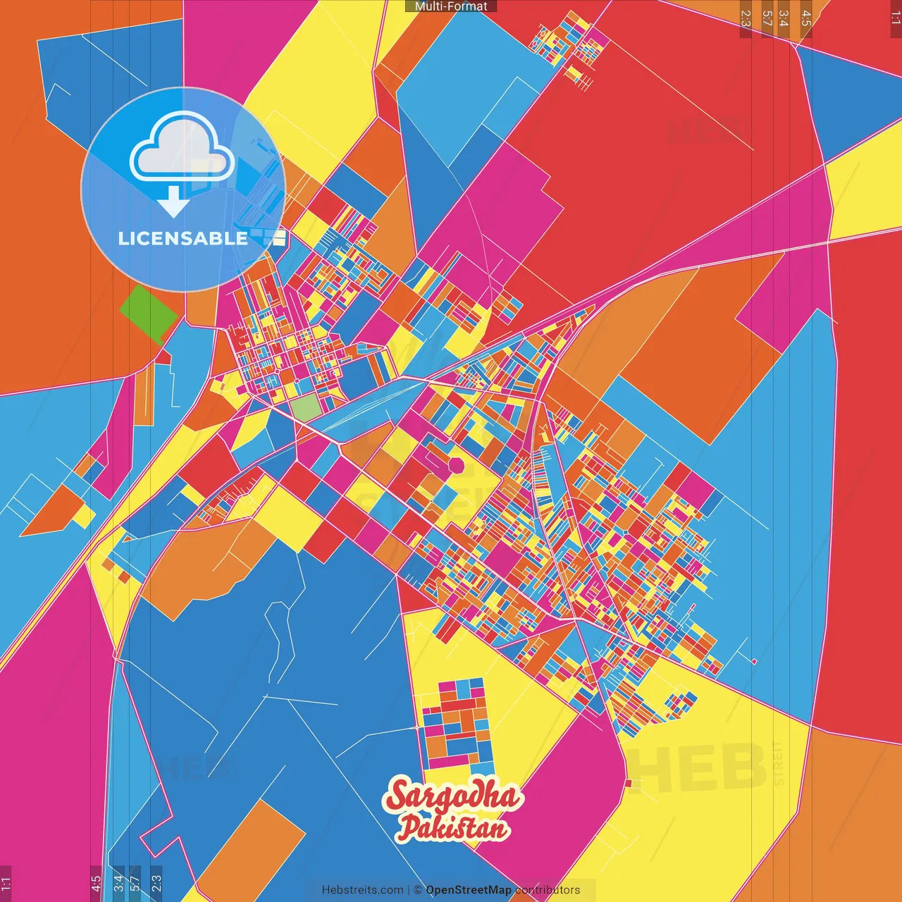 Sargodha, Punjab, Pakistan Crazy Colorful Street Map Poster Template