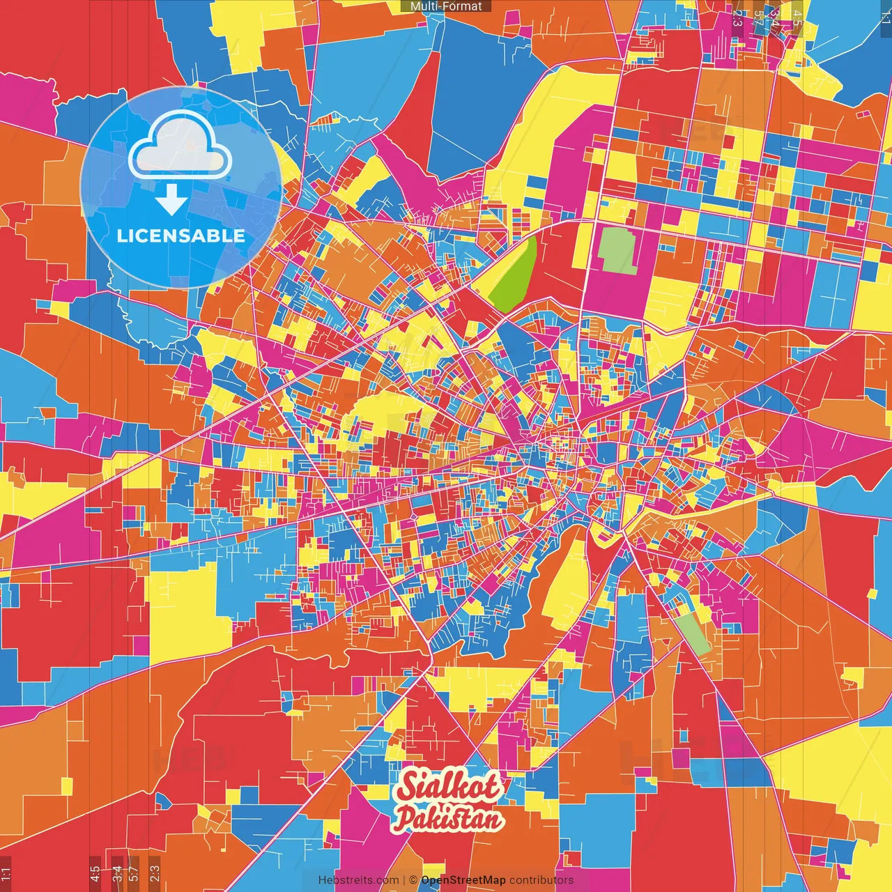 Sialkot, Punjab, Pakistan Crazy Colorful Street Map Poster Template
