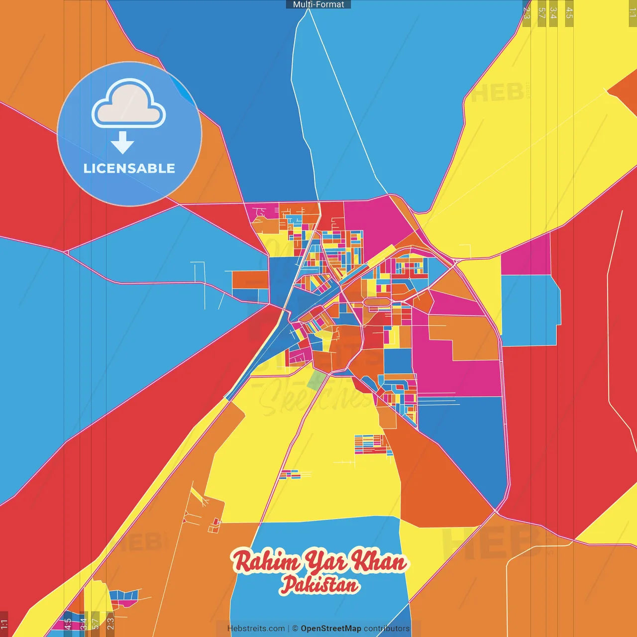 Rahim Yar Khan, Punjab, Pakistan Crazy Colorful Street Map Poster Template